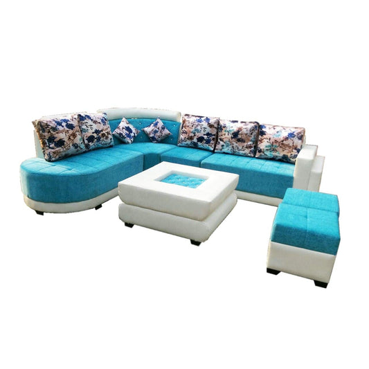 L Shape Sofa Set-  Fabric Sofa Set with Center and 2 Puffy, Standard Size (Sky Blue and White)