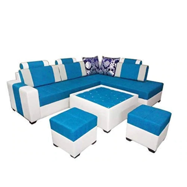 L Shape Sofa Set:- Half Leatherette Sofa Set  (Blue and White)