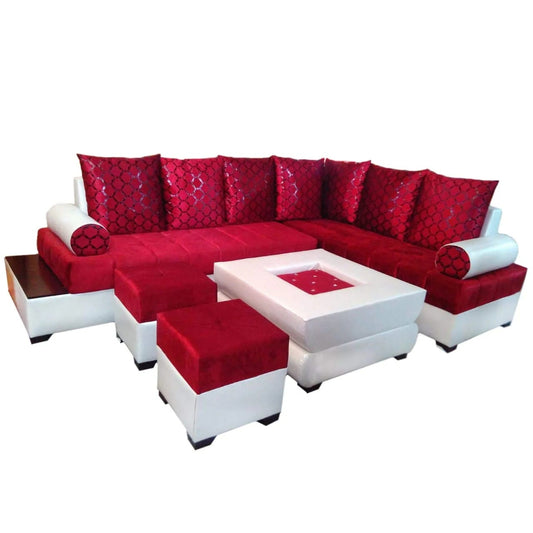 L Shape Sofa Set- Half Leatherette Sofa Set and 2 Puffy (Red and White)