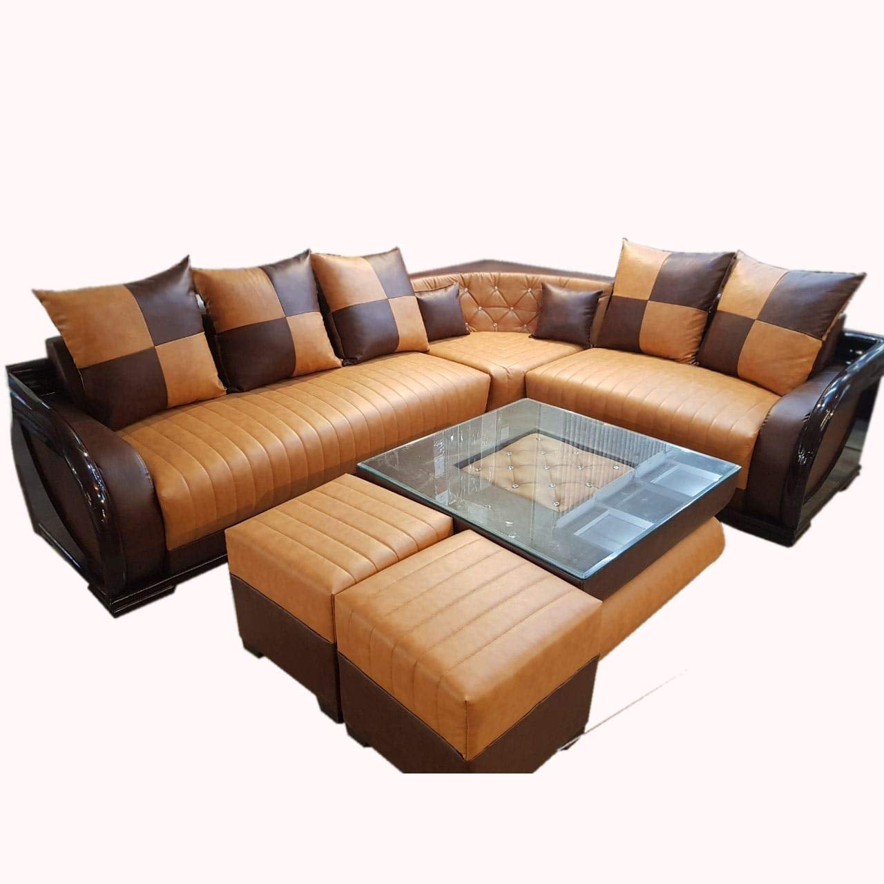 L Shape Sofa Set- Leatherette Sofa Set and 2 Puffy (Darksalmon and Brown)