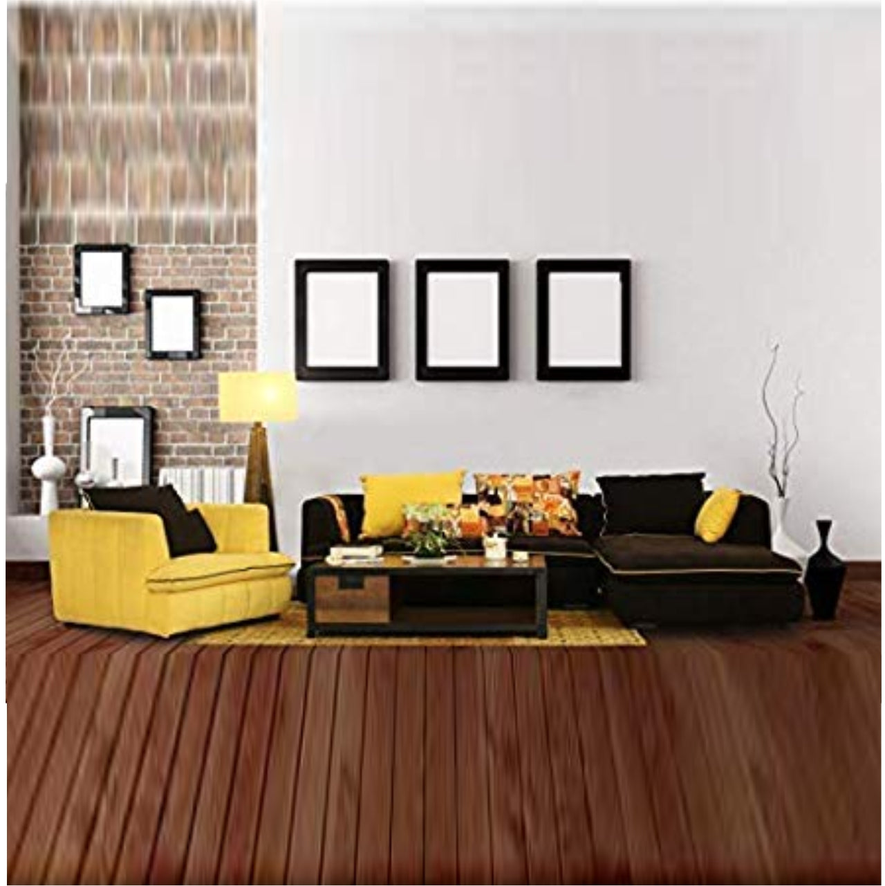 L Shape Sofa Set- Leonard  Hardwood  Fabric Sofa Set (Yellow & Dark Grey)
