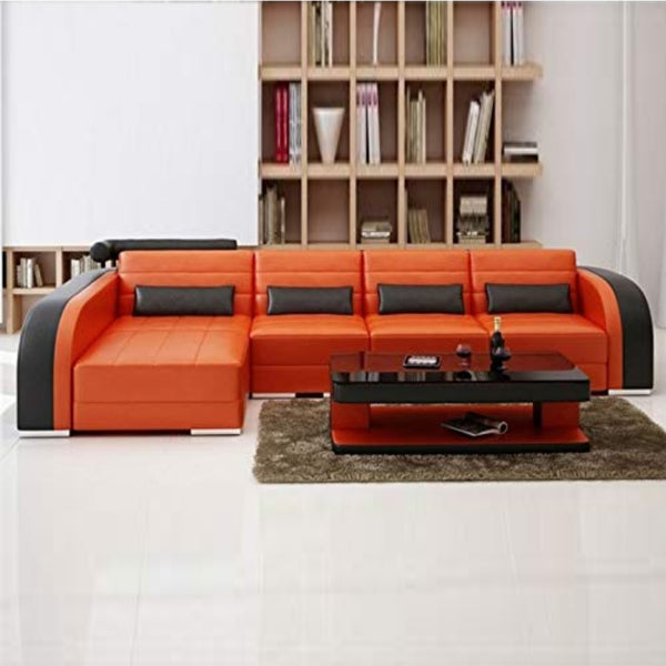 L Shape Sofa Set- Lounge Leatherette Sofa Set (Orange & Black)