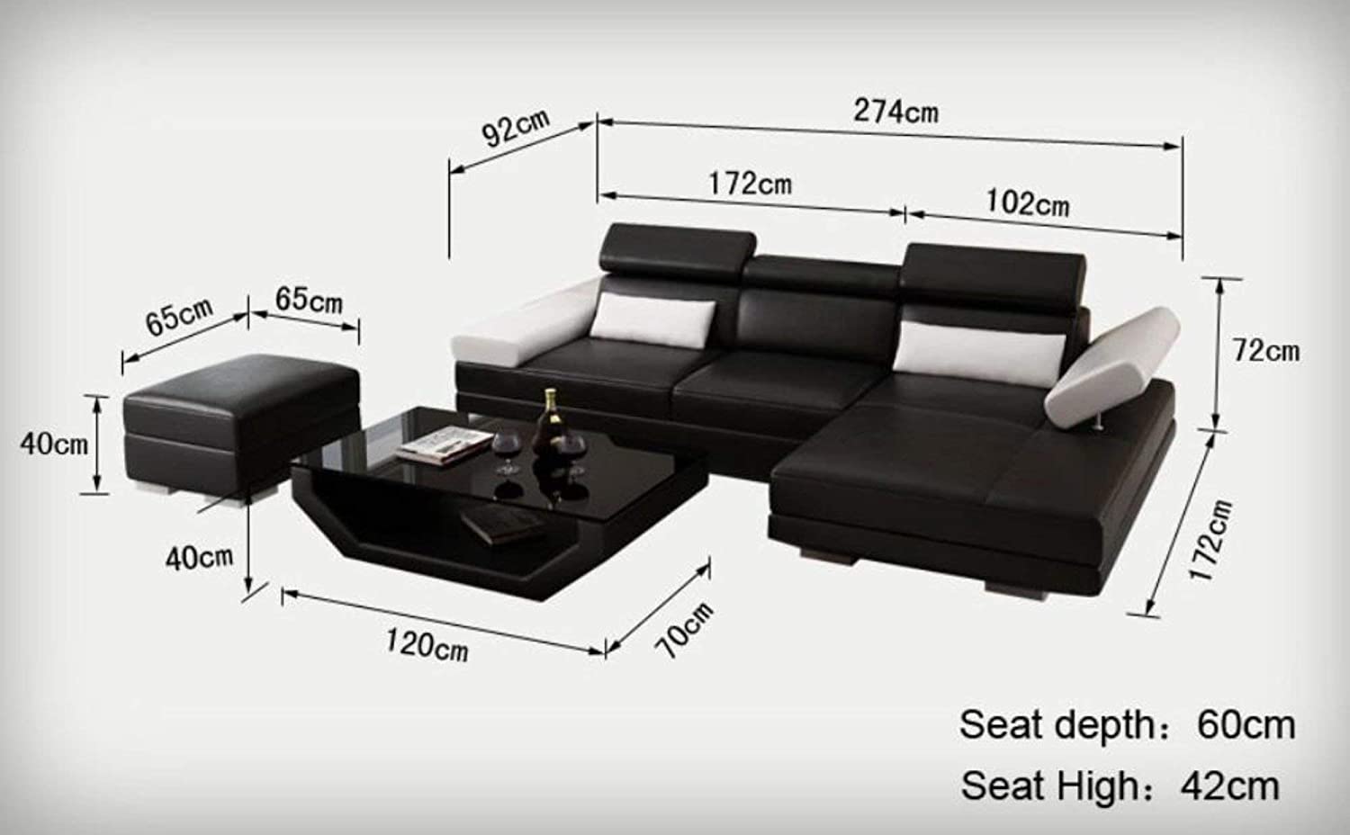 L Shape Sofa Set:- Luxury European Sectional  Leatherette Sofa Set (Black, and White)