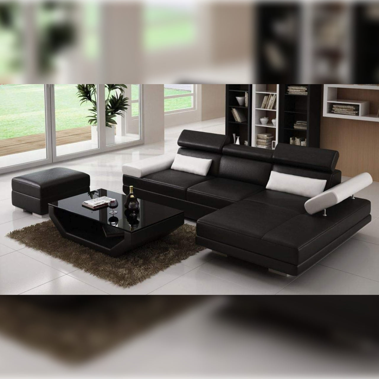 L Shape Sofa Set- Luxury European Sectional Leatherette Sofa Set (Black, and White)