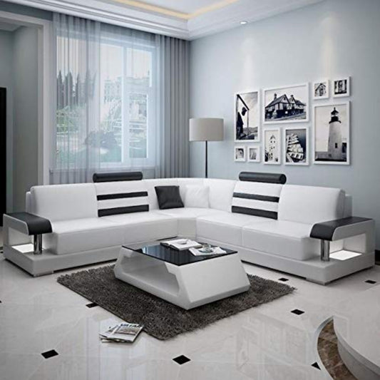 L Shape Sofa Set- Luxury Hardwood Modern Leatherette Sofa Set (