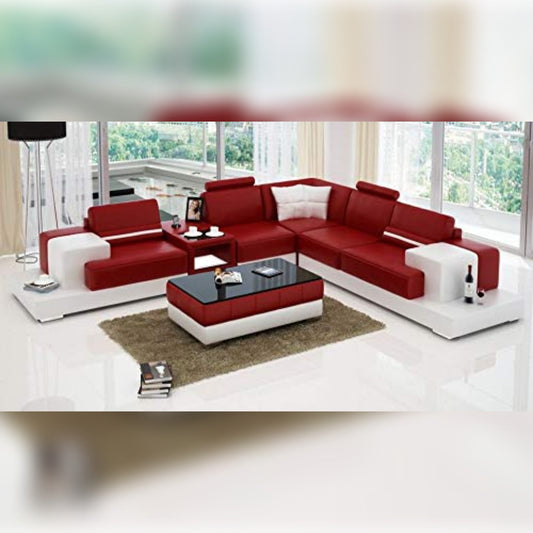 L Shape Sofa Set- Luxury Leatherette Sofa Set (Standard Size, Red and White)