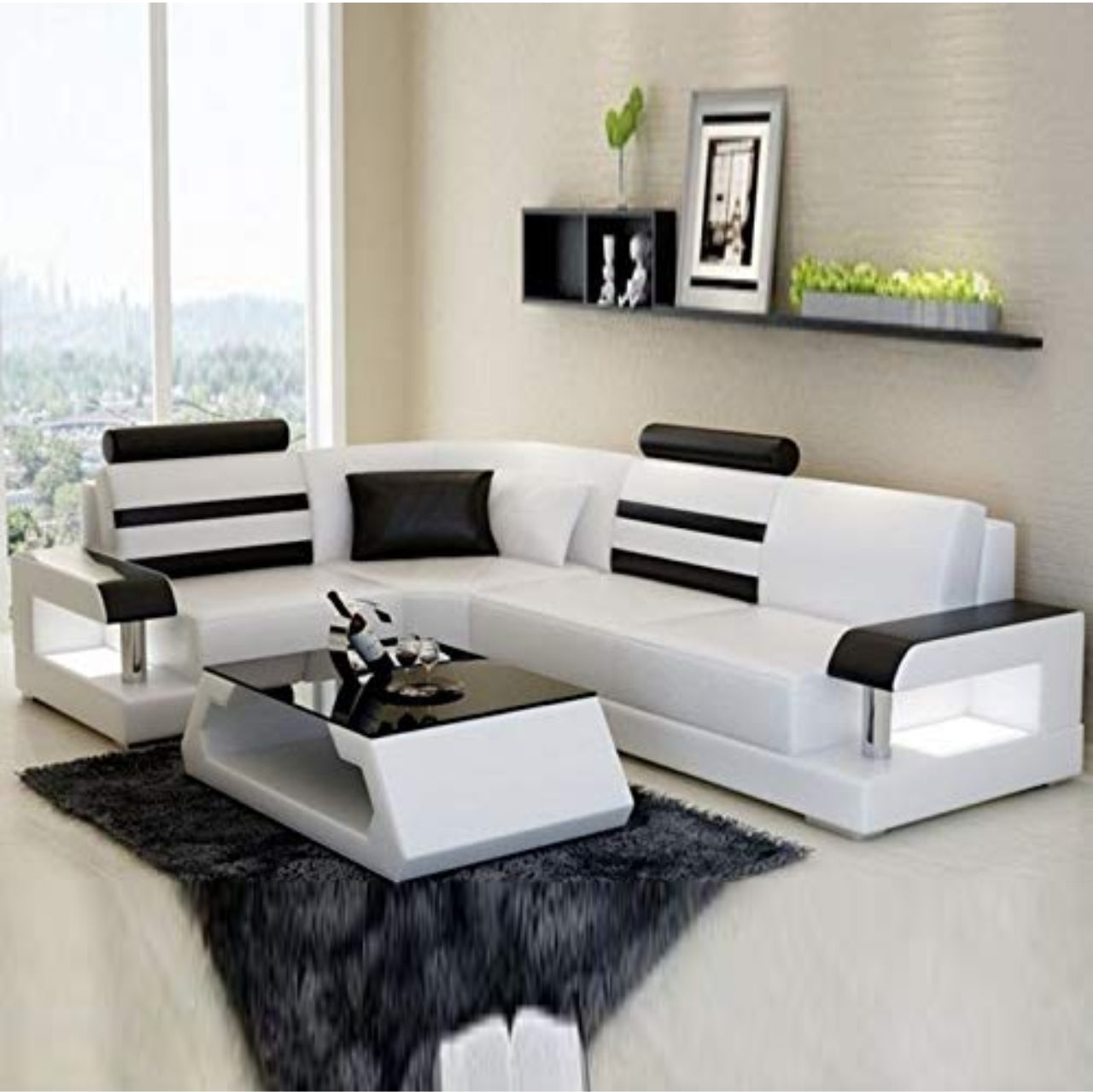 L Shape Sofa Set- Malena Leatherette Sofa Set in Lounge, (Black & White)