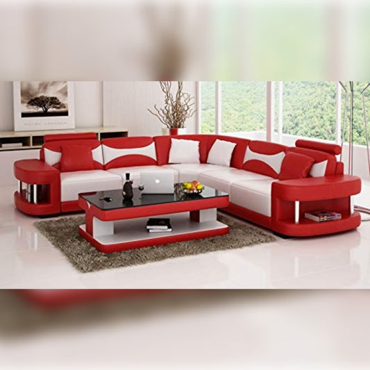L Shape Sofa Set- Miele Leatherette Sofa Set with Puffy (White and Red)