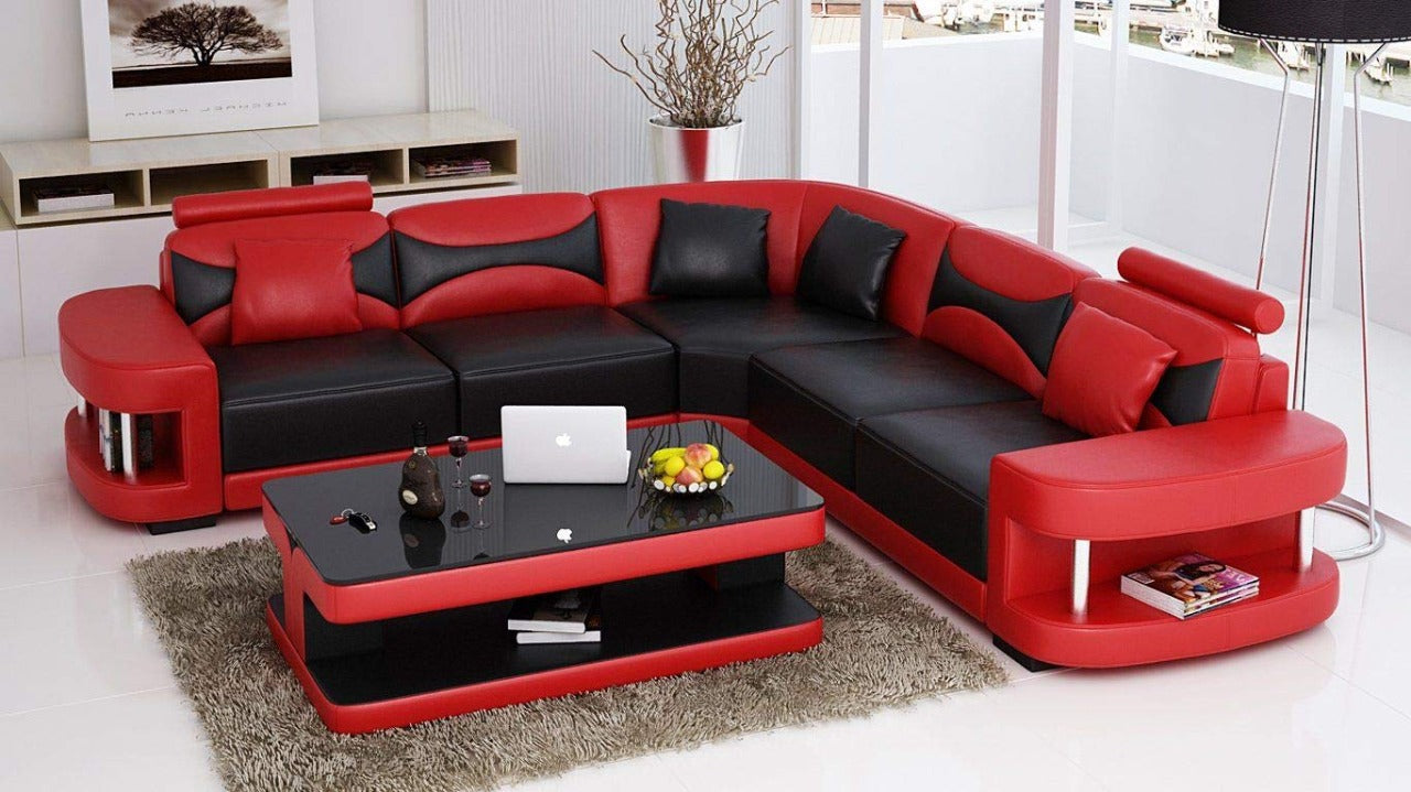 L Shape Sofa Set:- Miele Leatherette Sofa Set with Puffy (White and Red)