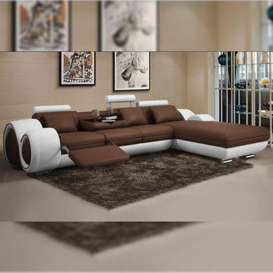 L Shape Sofa Set- Minimalist Modern Leatherette Luxury Furniture Sofa Set (Brown and White)