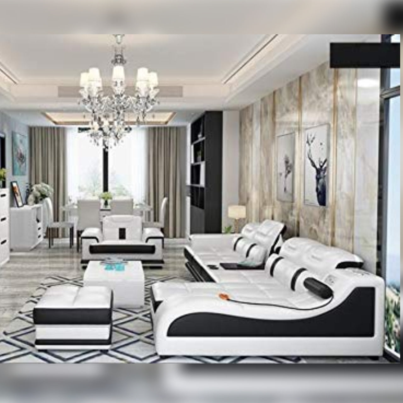 L Shape Sofa Set-Minimalist Sectional Hardwood Leatherette Luxury Furniture Sofa Set (White and Black)