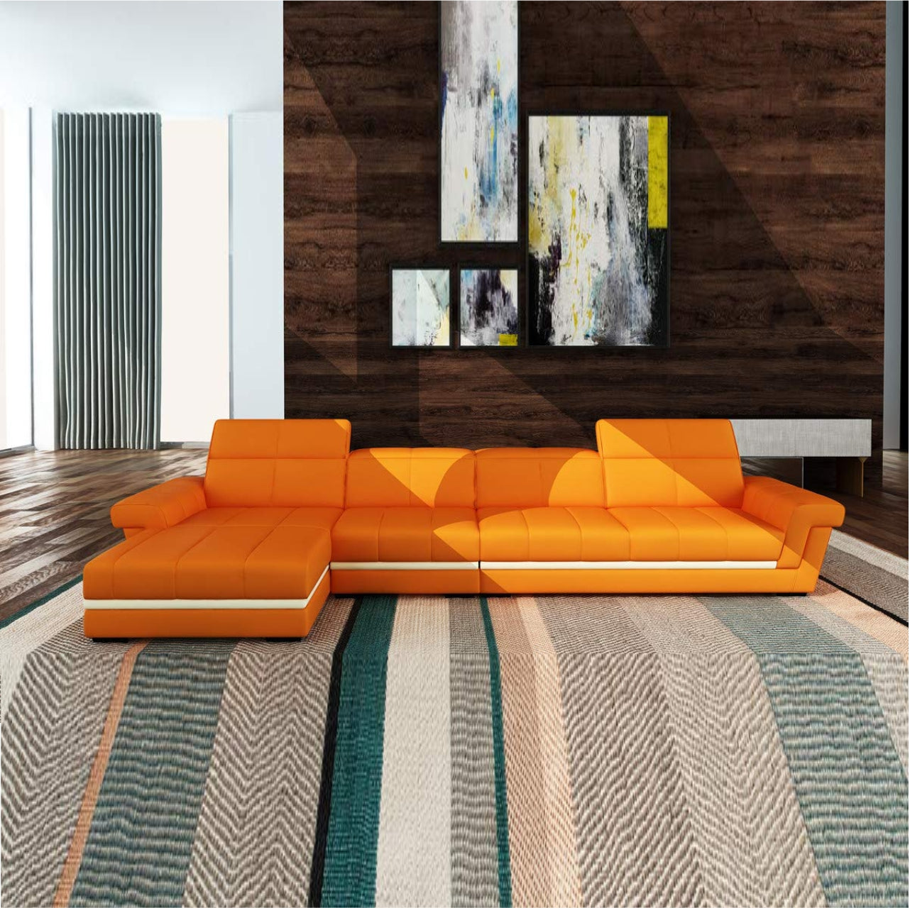 L Shape Sofa Set- Modern Bonded Sectional Leatherette Sofa Set, (Orange & White)