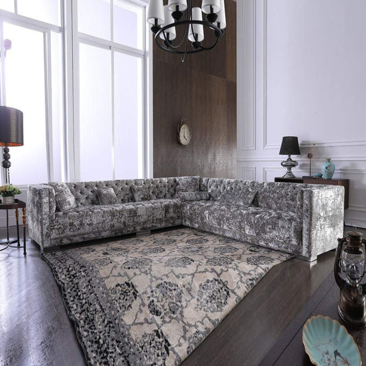 L Shape Sofa Set- Modern Crushed Velvet Sectional Fabric Sofa Set (Grey)