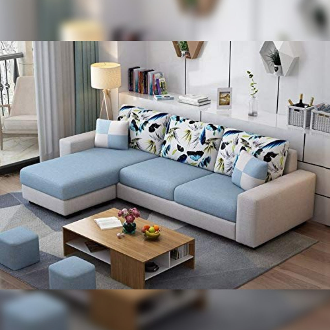L Shape Sofa Set- Modern Fabric Sofa Set (Navy Blue & Grey)
