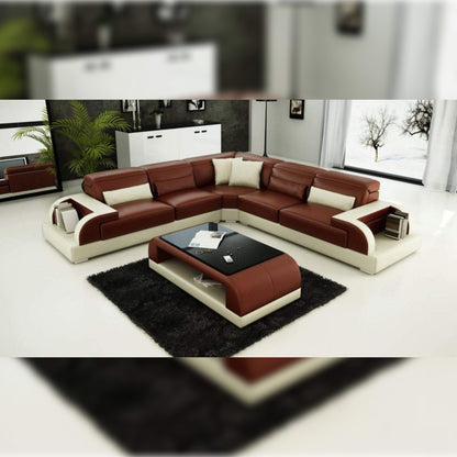 L Shape Sofa Set- Modern Luxury Corner Sectional Leatherette Sofa Set (Saddle Brown & Cream)
