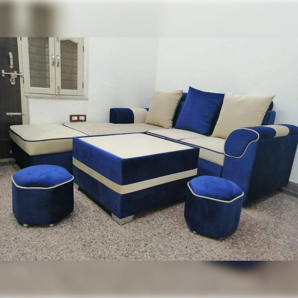 L Shape Sofa Set- Pronet Fabric Sofa Set + Lounger +1 Puffy (Beige and Blue)