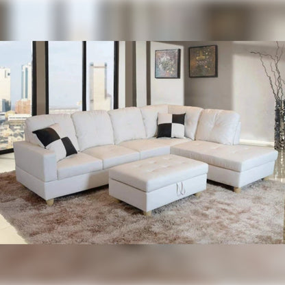 L Shape Sofa Set- Solid Wood Leatherette Sofa Set, (White)