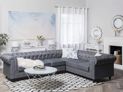 L Shape Sofa Set:- Chesterfield Fabric Sofa Set (Light Grey)