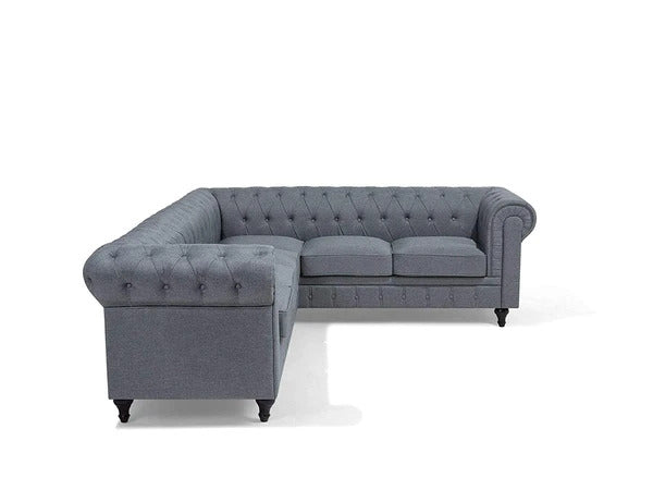 L Shape Sofa Set:- Chesterfield Fabric Sofa Set (Light Grey)