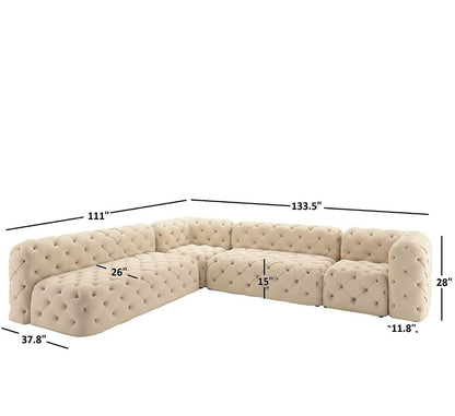 L Shape Sofa Set:-Chesterfield Hardwood Leatherette Luxury Furniture Sofa Set, (Beige)