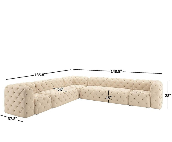 L Shape Sofa Set:-Chesterfield Hardwood Leatherette Luxury Furniture Sofa Set, (Beige)