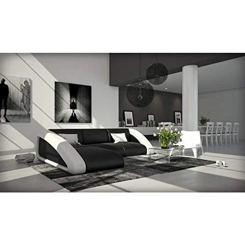 L Shape Sofa Set Delfina Lounger Leatherette Sofa Set (Black and White)