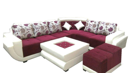 L Shape Sofa Set Fabric Sofa Set and 2 Puffy (White and Maroon)