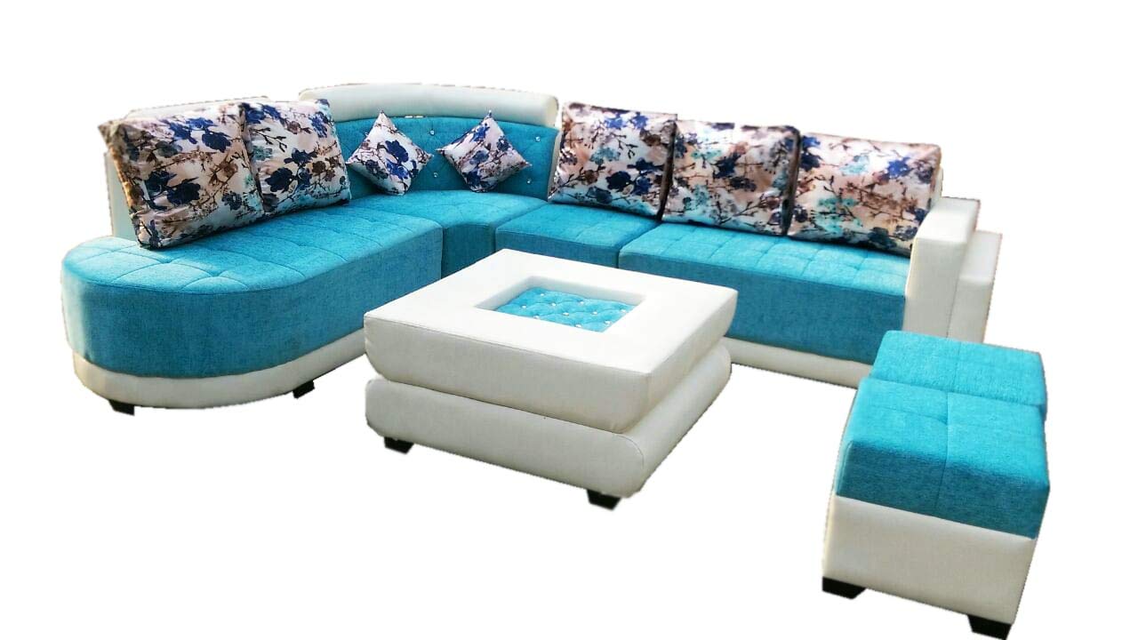 L Shape Sofa Set:-  Fabric Sofa Set with Center and 2 Puffy, Standard Size (Sky Blue and White)
