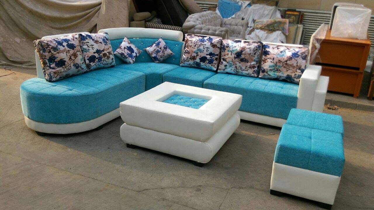 L Shape Sofa Set:-  Fabric Sofa Set with Center and 2 Puffy, Standard Size (Sky Blue and White)