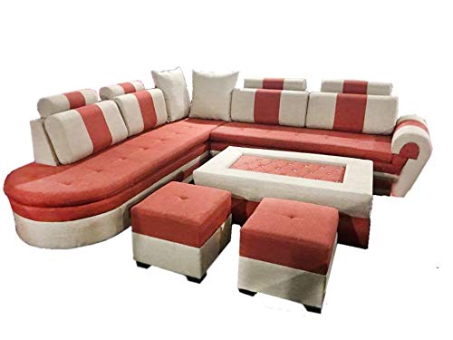L Shape Sofa Set:- Half Leatherette Sofa Set and 2 Puffy Set (Light Red and Cream)