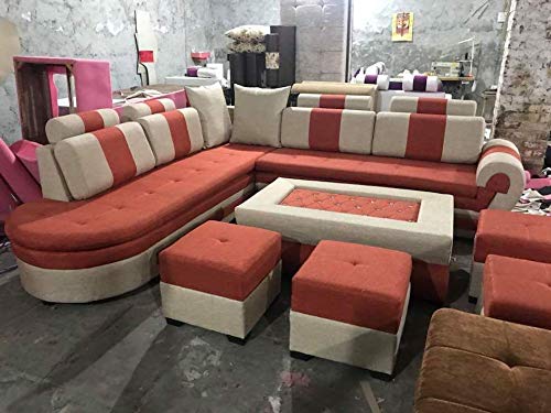 L Shape Sofa Set Half Leatherette Sofa Set and 2 Puffy Set (Light Red and Cream)