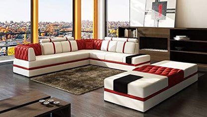 L Shape Sofa Set Italian Corner Leatherette Sofa Set with Large Puffy (White and Red)