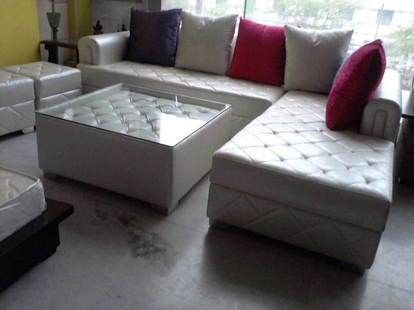 L Shape Sofa Set:- Leatherette Sofa Set and 2 Puffy, Standard, (White)