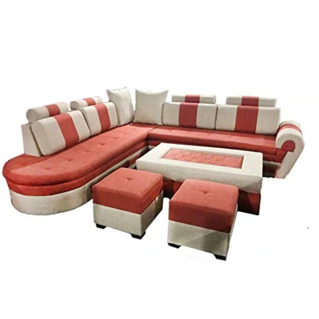 L Shape Sofa Set- Half Leatherette Sofa Set and 2 Puffy Set (Light Red and Cream