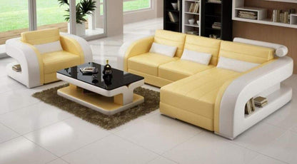 L Shape Sofa Set Luxury  Modern Leatherette Sofa Set (Yellow and White)