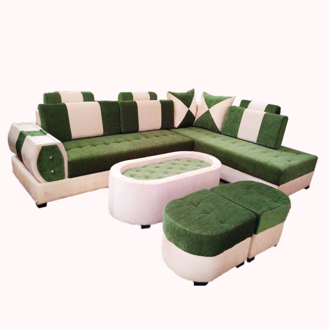 L Shape Sofa Set- Maharajah Fabric Sofa Set and 2 Puffy (Cream and Green)