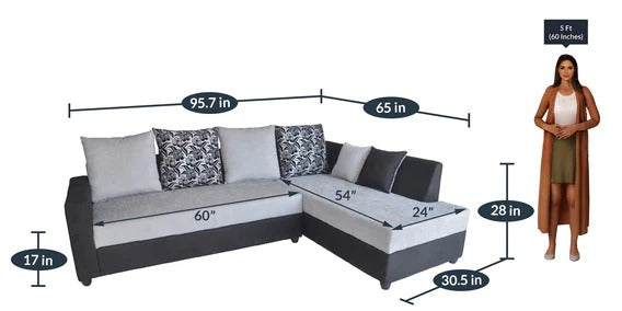 L Shape Sofa Set:- Munix Sectional Fabric Sofa Set - RHS (Grey & Black)