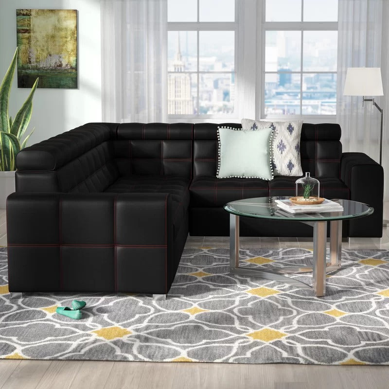 L Shape Sofa Set:- Munix Sleeper Sectional Leatherette Sofa Set (Black)