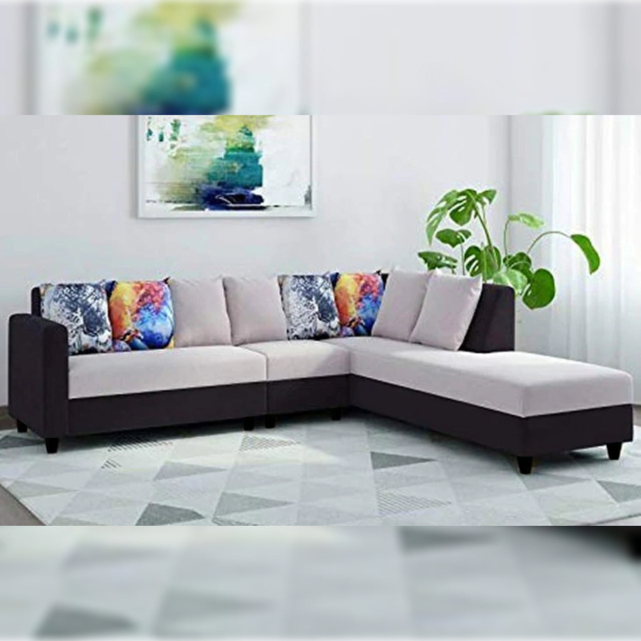 L Shape Sofa Set Polyester Fabric Sofa Set (Light Grey - Black)