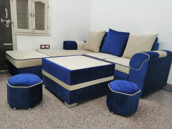 L Shape Sofa Set Pronet Fabric Sofa Set + Lounger +1 Puffy (Beige and Blue)