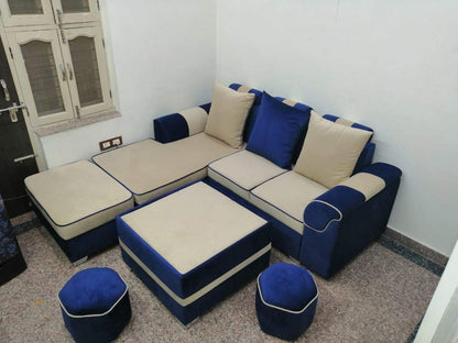 L Shape Sofa Set Pronet Fabric Sofa Set + Lounger +1 Puffy (Beige and Blue)