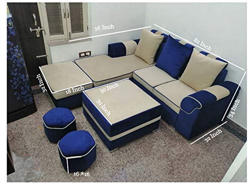 L Shape Sofa Set:- Pronet Fabric Sofa Set + Lounger +1 Puffy (Beige and Blue)