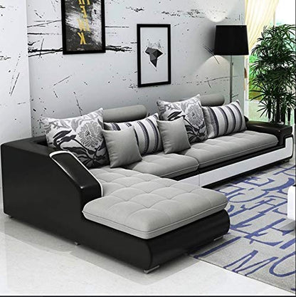 L Shape Sofa Set:- Roland Sectional Leatherette Sofa Set with One Puffy (Black and Off White)