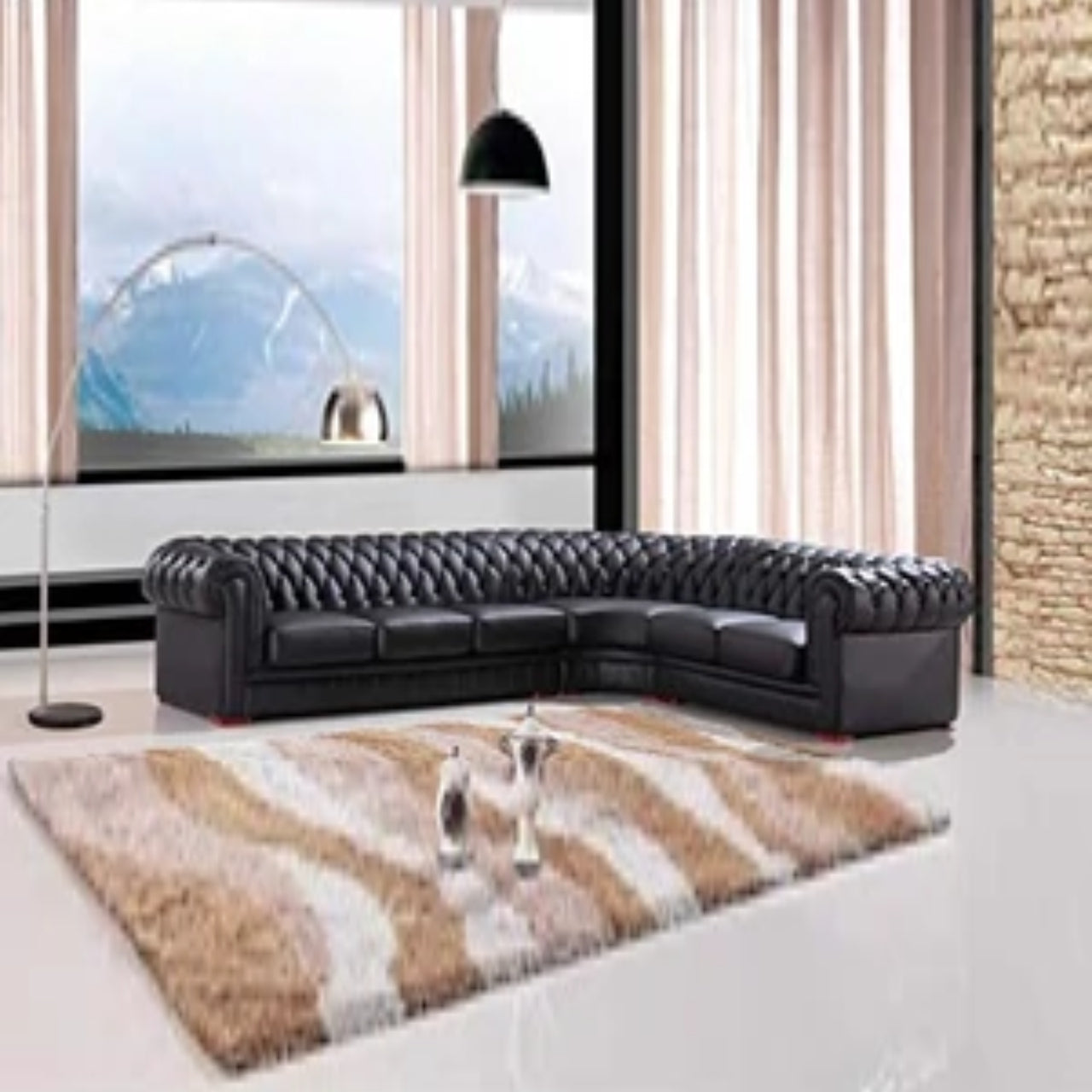 L Shape Sofa Set Tufted Sectional Leatherette Sofa Set (Black)