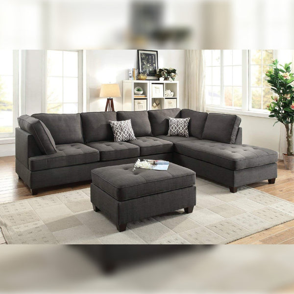 L Shape Sofa Solid Wood Fabric Set (Charcoal Grey Black)