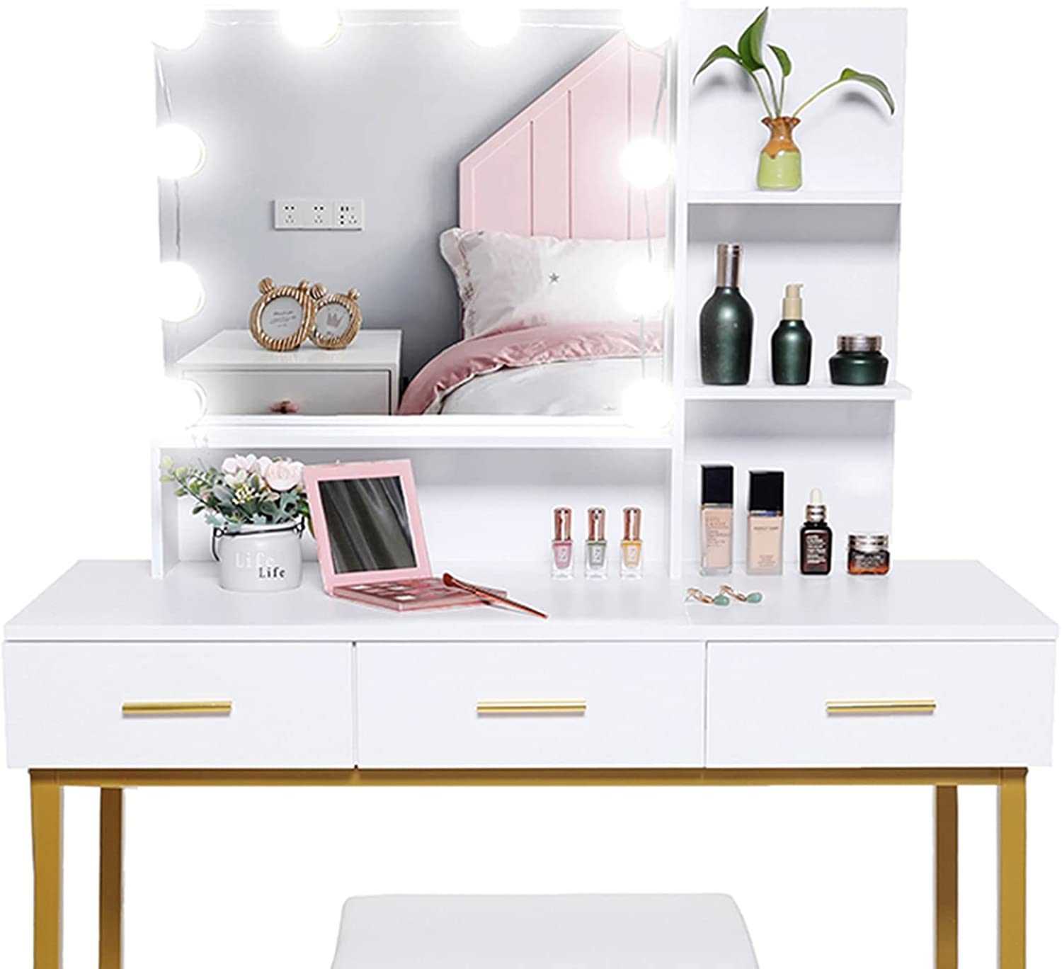 Dressing Table : Vanity Set with 10 LEDs Lighted Mirror & Makeup Table with Padded Cushioned Stool