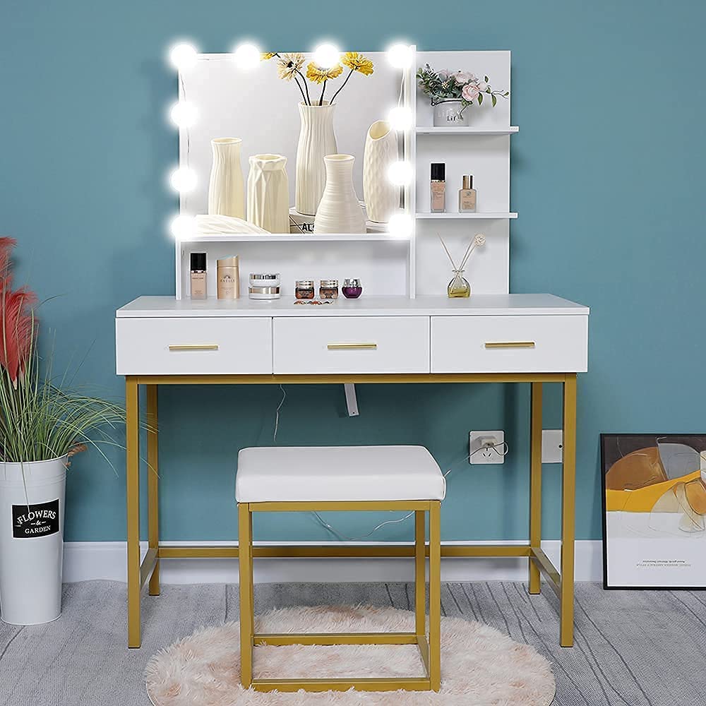 Dressing Table : Vanity Set with 10 LEDs Lighted Mirror & Makeup Table with Padded Cushioned Stool