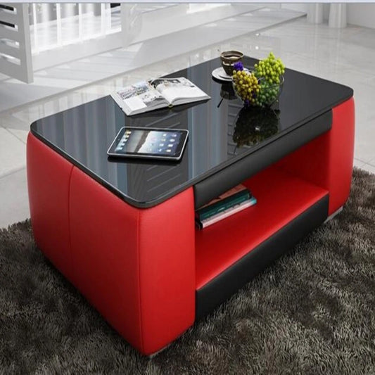Leatherette Coffee Table: Red and Black Leatherette Coffee Table w/Black Glass