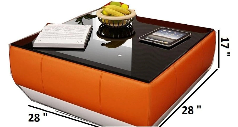 Leatherette Coffee Table: Contemporary Orange and White Leatherette Coffee Table W/Black Glass Table Top