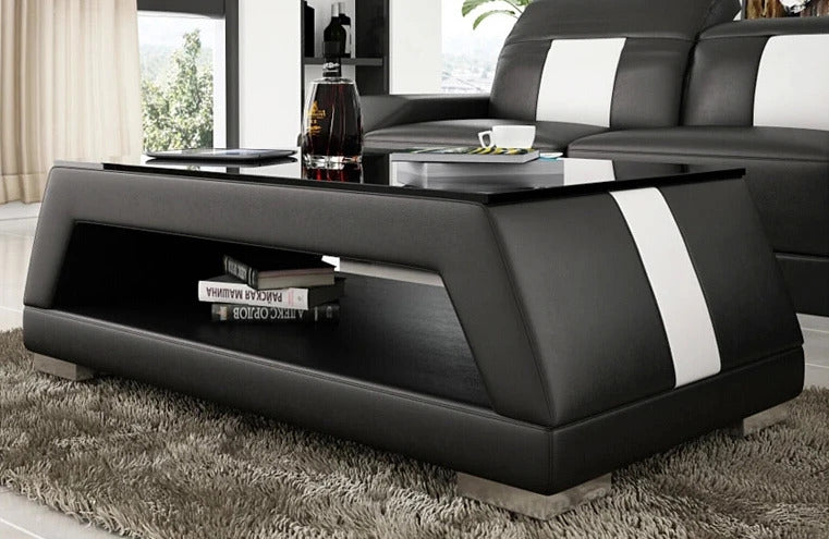 Leatherette Coffee Table: Contemporary Black and White Leatherette Coffee Table W/Black Glass Table